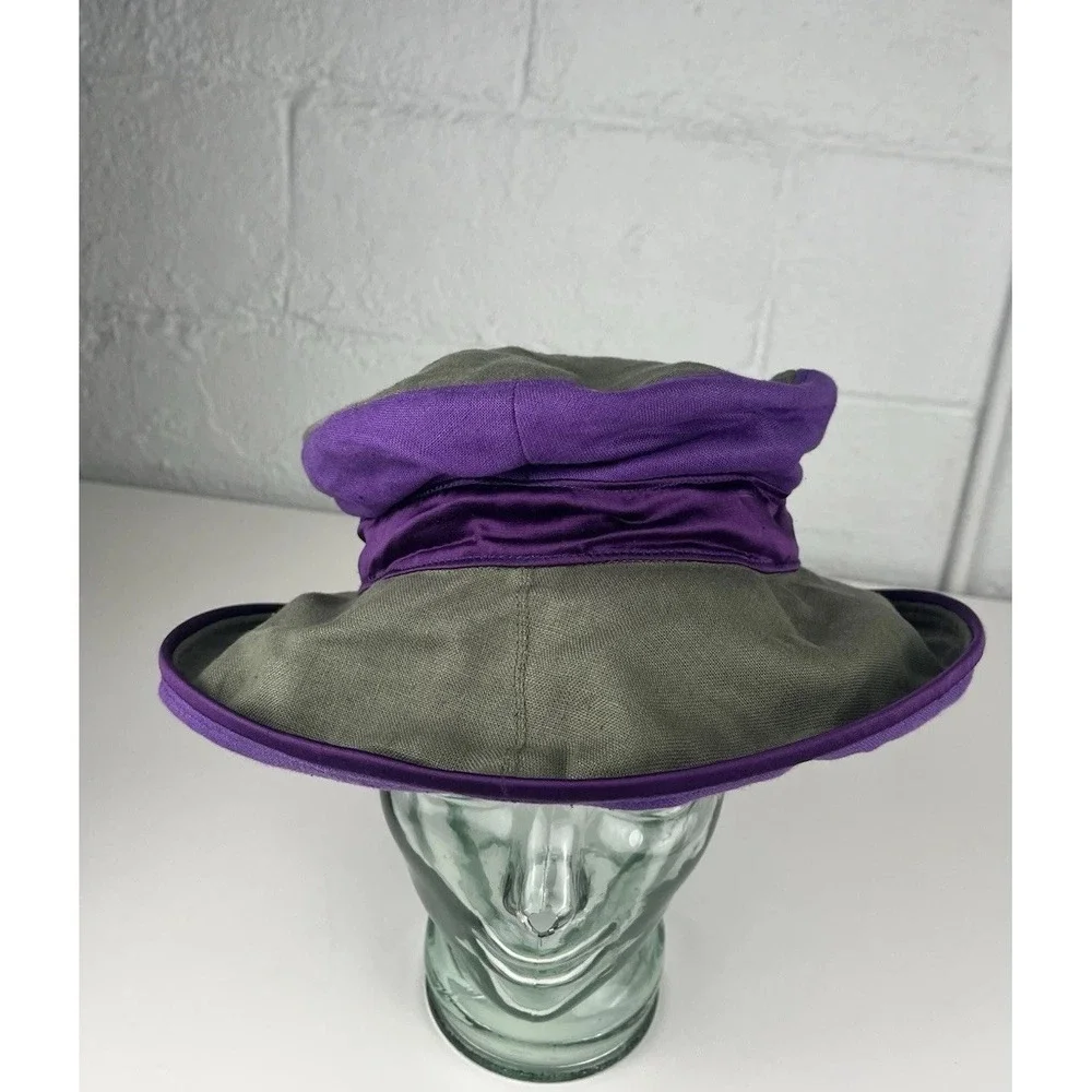 Vtg Hattitude NYC Womens Hat Cloche Raised Bucket Olive Green Purple Boho 90s